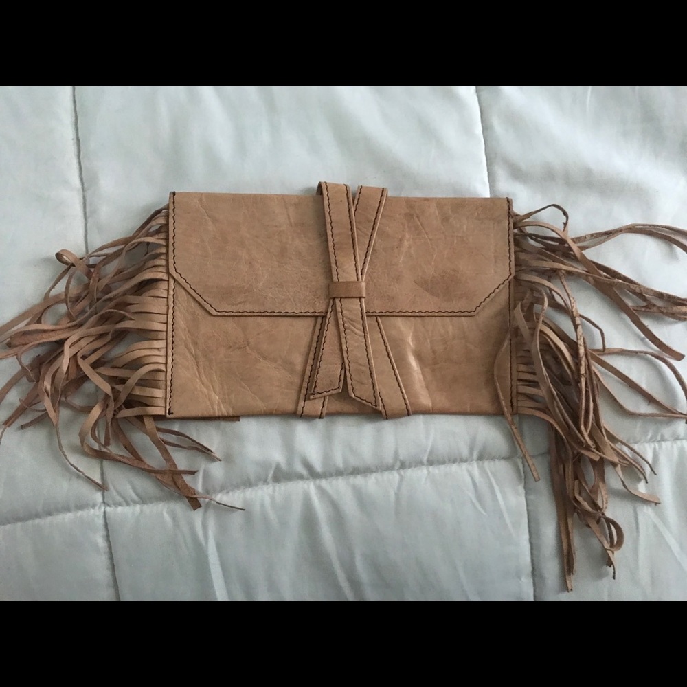Genuine Leather Pink/Tan Fringw Clutch